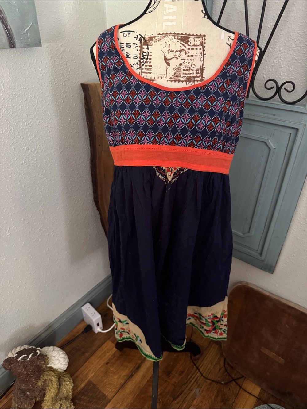 Ecote Navy and Coral Patterned Casual Dress